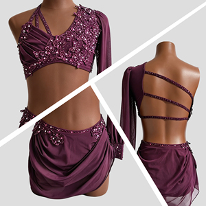 Costume de danse lyrique Plum, manches longues, strass, 2 pièces, moderne, jazz, compétition, performance, vêtements de danse pour femmes et filles - Product Image 2