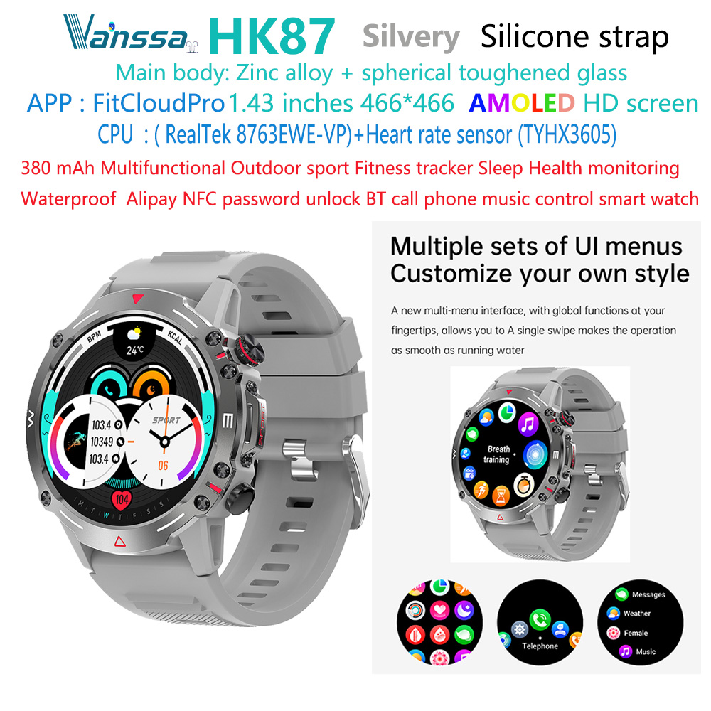 HK87-AMOLED-NFC-sport-smart-watch เงิน