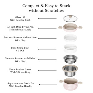 Multi-Functional Cookware Set Cream Color Frying <b>Pan</b> Steamer Pot With <b>Handle</b> Oven Safe Kitchen Set - Product Image 4