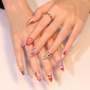 Venta al por mayor medio hecho a mano 3D flor tropical almendra perla <span class=keywords><strong>diseño</strong></span> cuadrado patrón prensa <span class=keywords><strong>Uñas</strong></span> acrílicas para dedos 24 piezas - Product Image 5