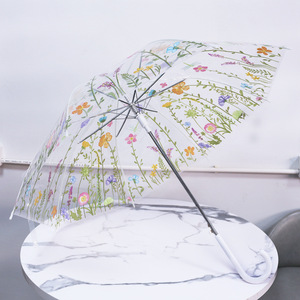 Ombrello Trasparente POE da 21 Pollici con Design Floreale, Manico Dritto, Pieghevole in Tre Sezioni, per Esterni e Pioggia - Product Image 1