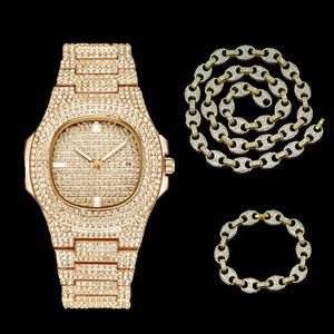 Iced Out ชุดของขวัญนาฬิกา,ชุดเครื่องประดับสร้อยข้อมือสร้อยคอคิวบาสร้อยข้อมือนาฬิกาผู้ชายสีทองของขวัญวันหยุดนาฬิกาข้อมือ Reloj - Product Image 5