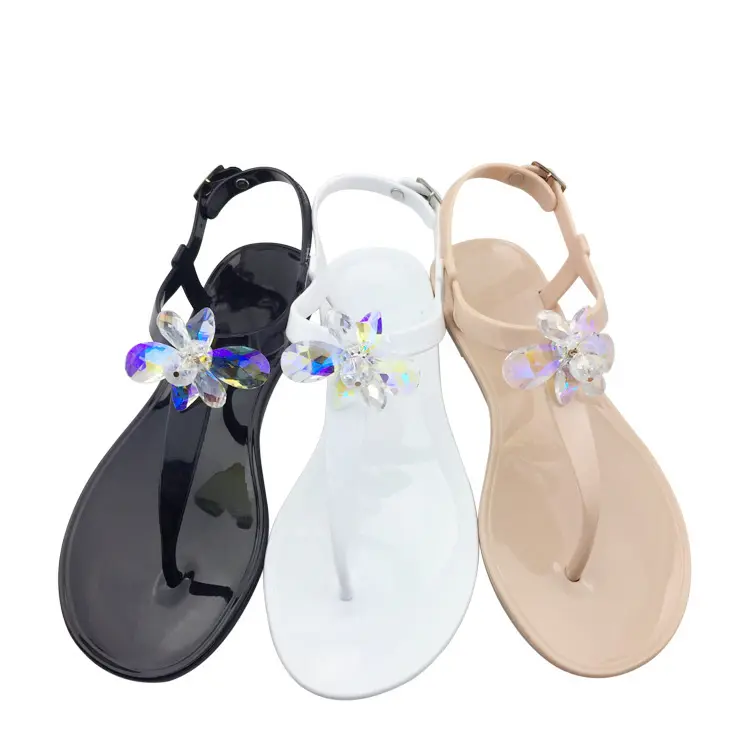 Sandales d'été multicolores en gelée de diamants Mode décontractée pour l'extérieur Chaussures de plage en PVC Chaussures plates en cristal pour femmes