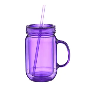 20OZ Straw Plastic Mason Jar Tumbler Mug Seal Straw Plastic Mug With Handle Reusable Plastic Tumbler With Straw