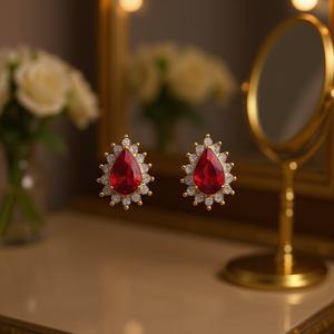 ต่างหูแบบติดหู E3873 สีทอง ประดับพลอยรูปหยดน้ำสีแดง รูปทรงดอกไม้ ทำจากโลหะผสมสังกะสี เหมาะสำหรับผู้หญิง สวมใส่ในงานปาร์ตี้ เครื่องประดับคลาสสิก - Product Image 2