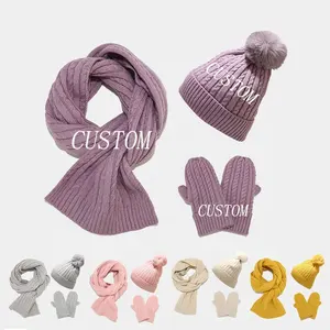 Logotipo personalizado 3pcs Set Acrílico Knit Inverno Beanie Hat com cachecol e luvas Set