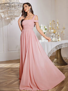 الموضة قبالة الكتف حزام واحد مكشكش الخصر أنيقة شيفون ماكسي تقسيم الفخذ عارية الظهر فستان وصيفة الشرف مع ارتفاع الخصر - Product Image 4