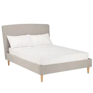 Modern Wood Frame ivory color Fabric Cover Wood Beds Base Double Beds with Solid Wooden Slats