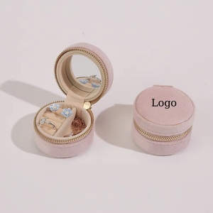 ELE QUEEN Modern Custom Logo Round Velvet Travel Jewelry <b>Box</b> Zipper Mirror <b>Mini</b> Luxury <b>Storage</b> Case for Rings Necklaces Earrings - Product Image 4
