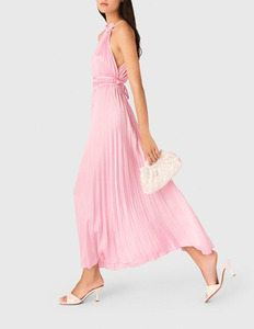 Robe longue plissée en satin pour femmes, col halter, taille smockée avec ceinture à nouer, robe de soirée d'été pour femmes - Product Image 3