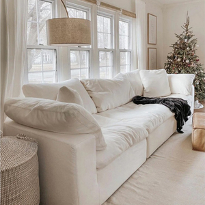 Sofa sudut bagian Modular kain Premium putih alami awan Kondominium kompresi ruang minimalis dengan Ottoman penyimpanan