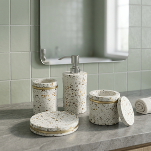 Ensemble d'accessoires de salle de bain en résine terrazzo, fait main, moderne, 4 pièces, comprenant des distributeurs, des pots et des sous-verres, motif nature morte, élégant, pour l'inauguration de la maison - Product Image 3