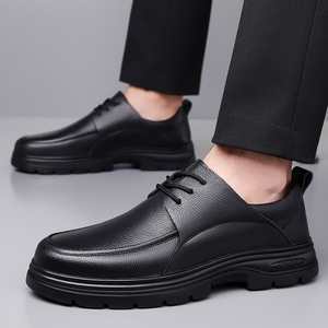 Chaussures décontractées en cuir véritable noir à lacets avec doublure en fausse fourrure, semelle en caoutchouc souple pour hommes, chaussures de conduite à bout rond pour l'automne - Product Image 3