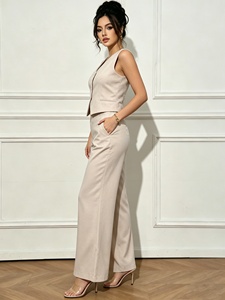 Ensemble 2 pièces d'été 2026 pour <span class=keywords><strong>femme</strong></span> : <span class=keywords><strong>Gilet</strong></span> <span class=keywords><strong>sans</strong></span> manches à col en V boutonné et pantalon taille haute à jambes larges – Tenue décontractée chic pour le bureau – Vente en gros - Product Image 3