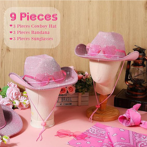 Sombrero de Vaquero Rosa con Brillantina, Juego de Tres Piezas, Estilo Occidental, Sombrero de Vaquero para Halloween, Festivales y Fiestas - Product Image 4