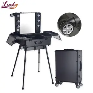 Rolling Aluminum Cosmetic Makeup Case With Wheels And Legs Lighted Mirror Luxurious Makeup Case