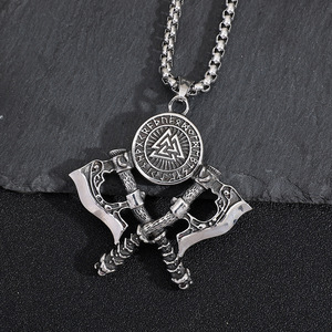 Collar con colgante de doble hacha de guerrero vikingo nórdico yunnique, joyería de cadena de moda con runa Valknut de plata tibetana para hombre - Product Image 2