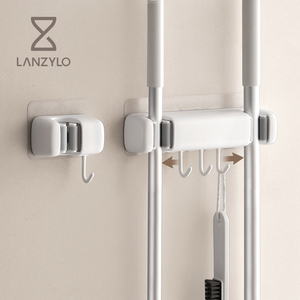 LANZYLO ODM Crochet <span class=keywords><strong>mural</strong></span> en plastique pour balai et serpillière, 3 crochets, design moderne et simple, pour salle de bain, sans perçage, support de rangement avec boucle - Product Image 1