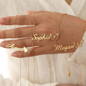 Gold <b>Necklace</b> 18K 316L Stainless Steel Butterfly Nameplate Personalized Signature <b>Custom</b> Letter <b>Name</b> Plate <b>Necklace</b> for Women - Product Image 1