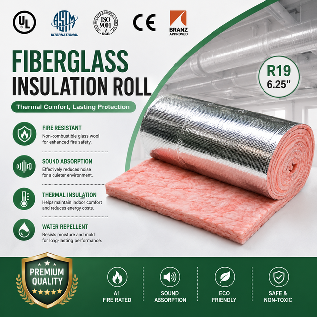 ASTM E84 R19 Pink Fiberglass Insulation Roll 6.25" FSK Faced Fire Resistant Glass Wool for Metal Building Walls & Ceilings HVAC
