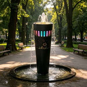 Fontaine d'eau moderne noire sur pied avec lumières LED colorées et découpes florales, élément aquatique d'intérieur pour la décoration de la maison et du bureau - Product Image 6