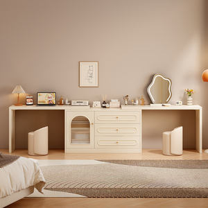 Solid Wood Dressing <b>Table</b> With Drawer Cream Color Lighted Mirror Bedroom <b>Makeup</b> Vanity For Home Use - Product Image 3