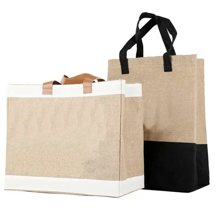 Wholesale Cheap Splice ECO Grocery Shopping Tote Reusable Linen Beach Hemp Bag Jute Burlap Bag With Leather Handle