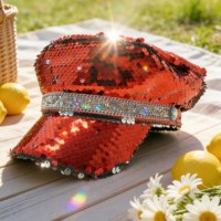 Chapeau de Capitaine de Luxe Rouge à Paillettes et Strass pour Fêtes, Vente en Gros, 3 MOQ, Personnalisé, Unisexe, Plage, Extérieur, Quatre Saisons