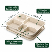 Boîte à lunch rectangulaire en bagasse de canne à sucre à 5 compartiments pour une alimentation saine, récipient alimentaire divisé avec couvercle, capacité de 1000 ml pour bento