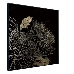 Abstrato Black Gold Foil Flower Line Tinta acrílica Wall Art Grande 3D Relief Canvas Flower Oil Painting