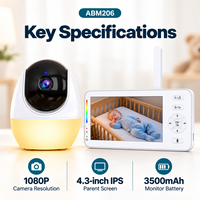 Kit de surveillance pour bébé 1080P avec écran IPS de 4,3 pouces, caméra, deux adaptateurs, deux câbles USB et manuel d'utilisation ABM206