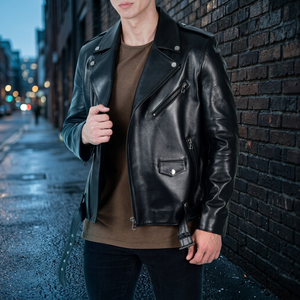 Blouson de motard en cuir véritable pour homme, en peau de vache, col montant, logo frontal, fermeture éclair, manches longues, vêtement d'extérieur d'hiver - Product Image 3