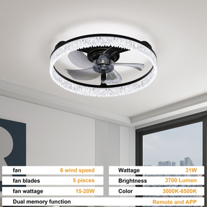 พัดลมเพดานคริสตัลทันสมัยพร้อมไฟ LED สีดำแบบโปรไฟล์ต่ำสำหรับตกแต่งบ้านห้องนั่งเล่น - Product Image 6