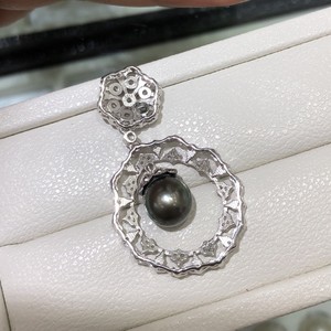 Pendentif en perle noire de Tahiti, 9-10 mm, ronde, AAA, argent, fleur vintage, solitaire, charme, bijoux pour femmes - Product Image 1