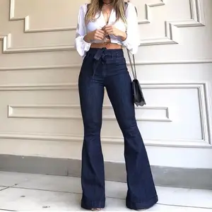 0386 2022 novo estilo de Cintura Alta Grandes Partes Inferiores de Sino das Mulheres Estiramento Cabido Flared Jeans Largas Calças Jeans de Perna Calças Com Cintos