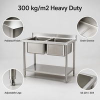 Évier de cuisine professionnel double cuve en acier inoxydable 304 avec revêtement autonettoyant, table de travail autoportante et barrière d'eau