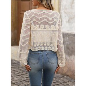 Women's Lace Floral Embroidered Blouse Balloon Sleeve Sheer Mesh Button Down <b>Top</b> Party Boho Style - Product Image 2
