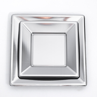 Assiettes carrées jetables en PS de qualité alimentaire, surface laminée, finition brillante, couleur or ou argent personnalisée pour restaurants, hôtels et événements.