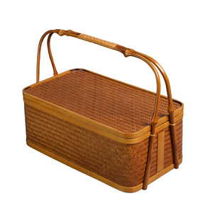 Chinese retro <b>bamboo</b> woven food basket, double-layered rectangular tea box with lid, Kung Fu tea set storage box - Product Image 5