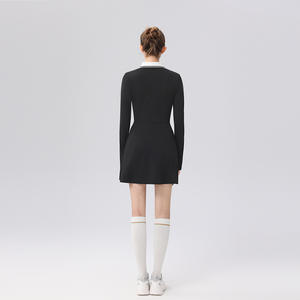 Gaun Tenis Lengan Panjang Bergaya OEM, Warna-Blok, Polo Slim Fit, Pakaian Golf, Olahraga, Ikat Pinggang, Gaun Padel untuk Wanita - Product Image 4