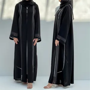 ملابس إسلامية دبي قطعتان طقم عباية مفتوحة سوداء إسلامية من علامة تجارية مشهورة بسعر الجملة عباية مفتوحة فستان بحجاب