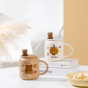 Cartoon cute three-dimensional little bear pattern edible grade silicone cover ceramic cup with lid with straw