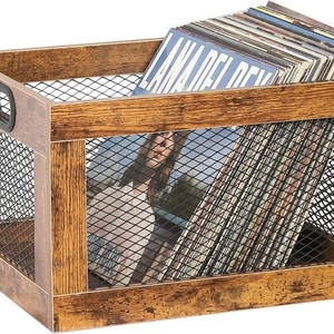 Wooden Wire Mesh Storage Box 15.7in Rectangle Office Organizer for <b>Records</b> Magazines Documents Retro Style - Product Image 3