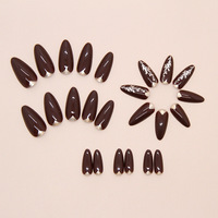 Autocollants pour ongles en ABS, 24 pièces, marron foncé scintillant, motif vigne dorée, détachables, à pression, forme amande française, longue durée, très demandés