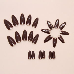 Pegatinas <span class=keywords><strong>de</strong></span> <span class=keywords><strong>Uñas</strong></span> ABS con Diseño <span class=keywords><strong>de</strong></span> Guirnalda Dorada Brillante en Color Marrón Oscuro, 24 Piezas, Desmontables, Tipo Presión, Forma <span class=keywords><strong>de</strong></span> Almendra Francesa, Larga Duración - Product Image 2