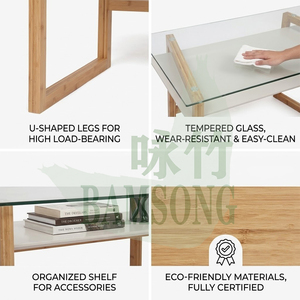 <span class=keywords><strong>Bureau</strong></span> d'<span class=keywords><strong>ordinateur</strong></span> avec plateau en verre, structure en bambou durable, personnalisable, vente en gros, écologique, pour usage domestique, commercial, avec étagère <span class=keywords><strong>de</strong></span> rangement - Product Image 3