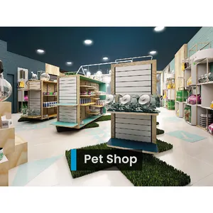 Whole Sale Store Pet Food Bag Shelving Stand Custom Warm Wood Pet Store Shelves Commercial Floor Stand Dog Pet Store Display