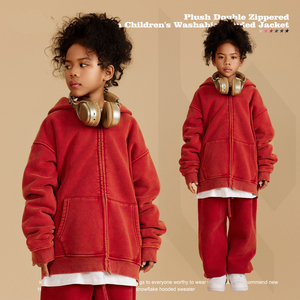 Logo personnalisé hiver polaire épais fermeture éclair à capuche et Jopper ensemble tissu délavé à l'acide vintage <span class=keywords><strong>enfant</strong></span> fermeture éclair manteau à capuche - Product Image 3