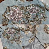 Manteau Modeste Jacquard Flottant Perlé Bleu Poussière pour Femme, Veste Mi-longue Florale Sans Col avec Boutons-Pression Dissimulés, Tenue Formelle ODM
