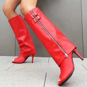 Botas de tacón alto fino y sexy con punta abierta, talla grande 48, con cremallera lateral, estilo stiletto, para verano, con cinturón metálico, hasta la rodilla, para mujer - Product Image 6